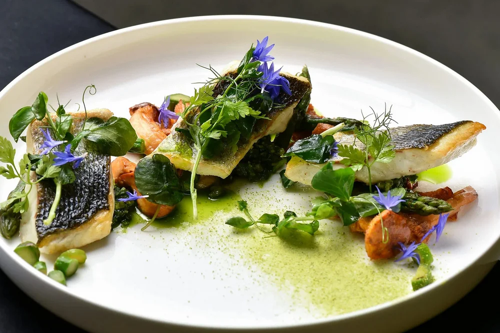 Drei Stücke gebratener Fisch mit grünen Kräutern und essbaren Blüten auf weißem Teller