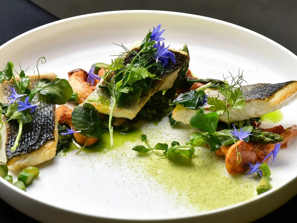 Hotel Salnerhof | 4 Sterne Superior in Ischgl Drei Stücke gebratener Fisch mit grünen Kräutern und essbaren Blüten auf weißem Teller