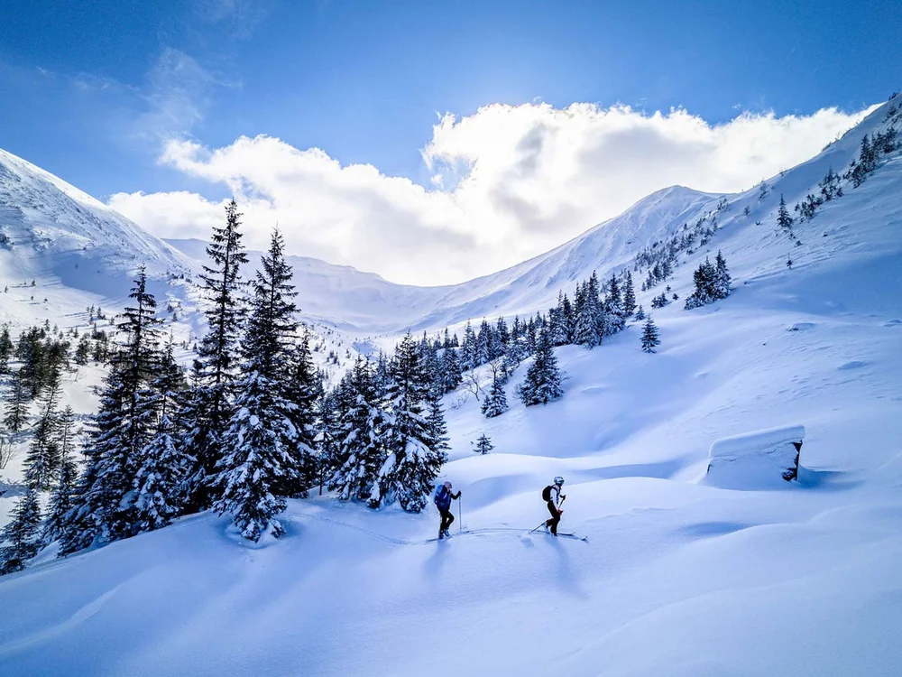 Hotel Salnerhof | 4 Sterne Superior in Ischgl Zwei Skifahrer wandern durch verschneite Berglandschaft mit Tannenbäumen
