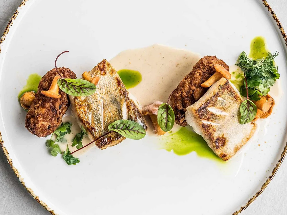 Hotel Salnerhof | 4 Sterne Superior in Ischgl Kunstvoll angerichteter Fisch mit Pilzen und grünen Kräutern auf weißem Teller